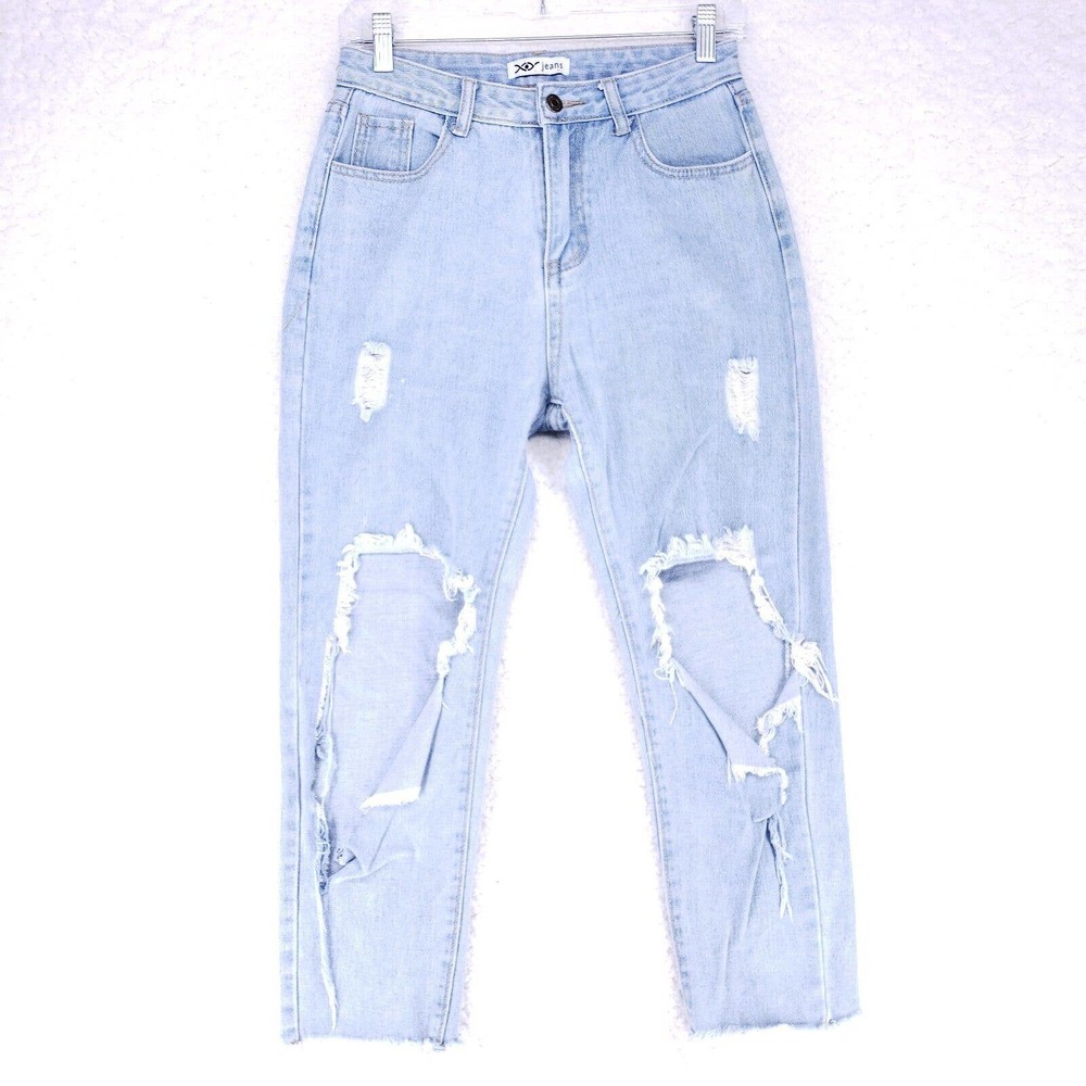 XY Jeans Destroyed Raw Hems Women Size L High Rise Denim Casual Pants